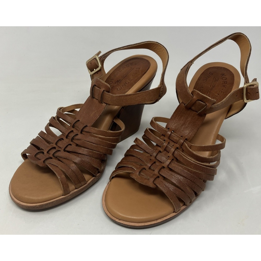 Kork Ease Brown Leather Wedge Sandals Strapy Women's‎ Size 8
